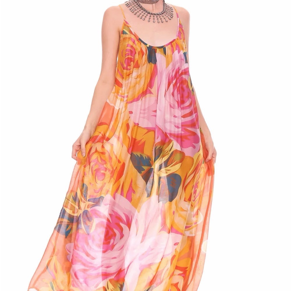 NWT Aratta Sheer Vibrant Floral Maxi Dress - Pink and Orange